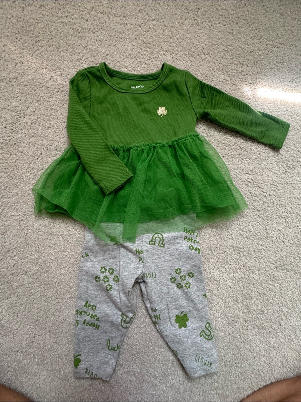 Carter's Green Tulle Tunic with Shamrock Applique & Grey Printed Leggings 6 mont